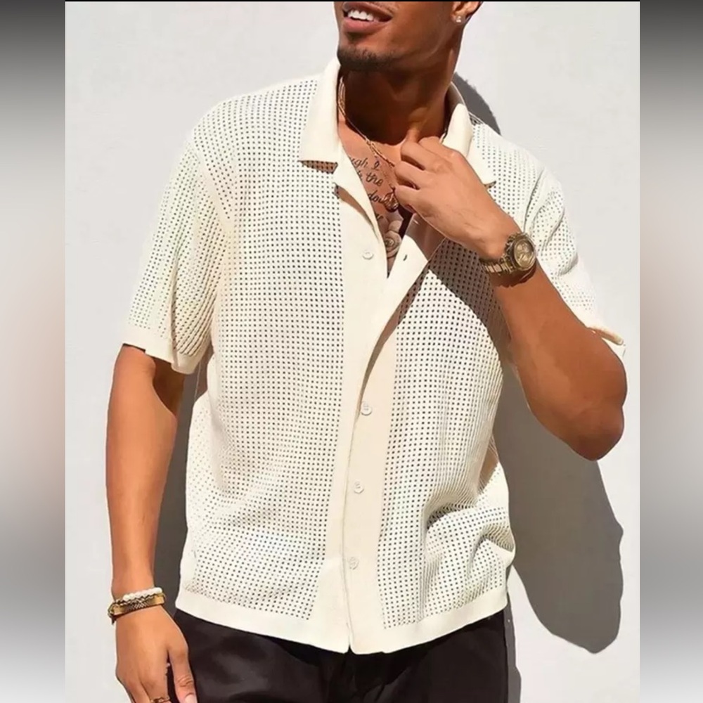 Men's Cream Crochet Knit Top
